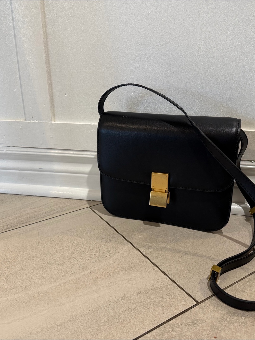 Black Leather Box style Crossbody Bag with Gold Hardware